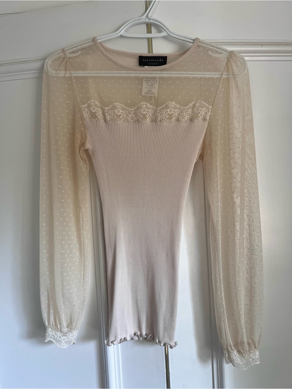 Rosemunde Copenhagen Polished Cream Lace & Sheer-Sleeve Long-Sleeve Top